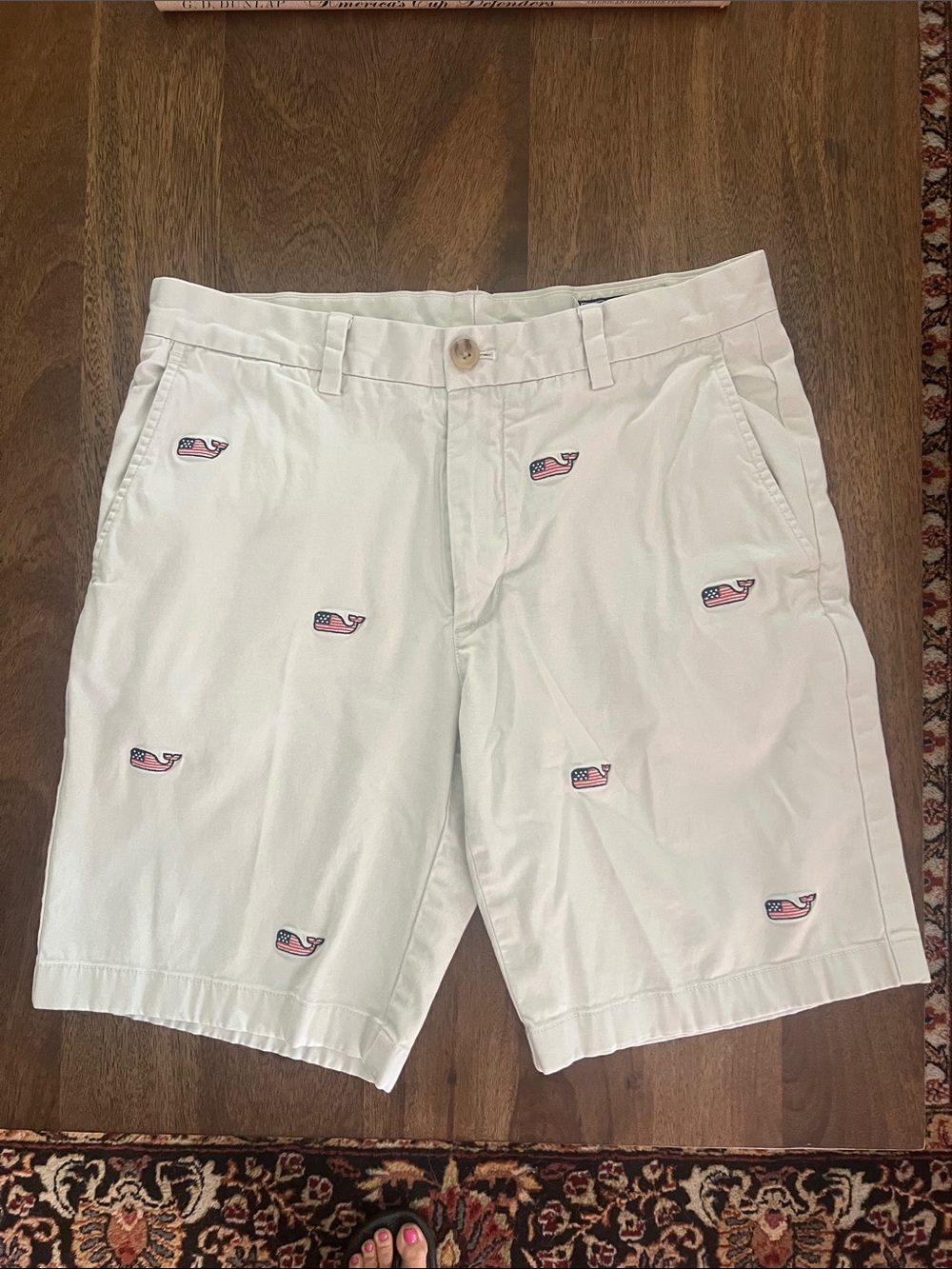 Vineyard Vines Khaki Flat-Front Shorts with Red & Navy Whale Embroidery